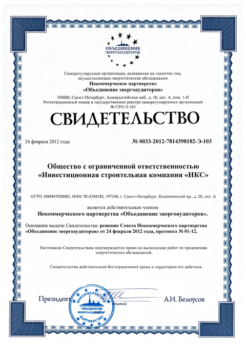 «Energy auditors association» certificate